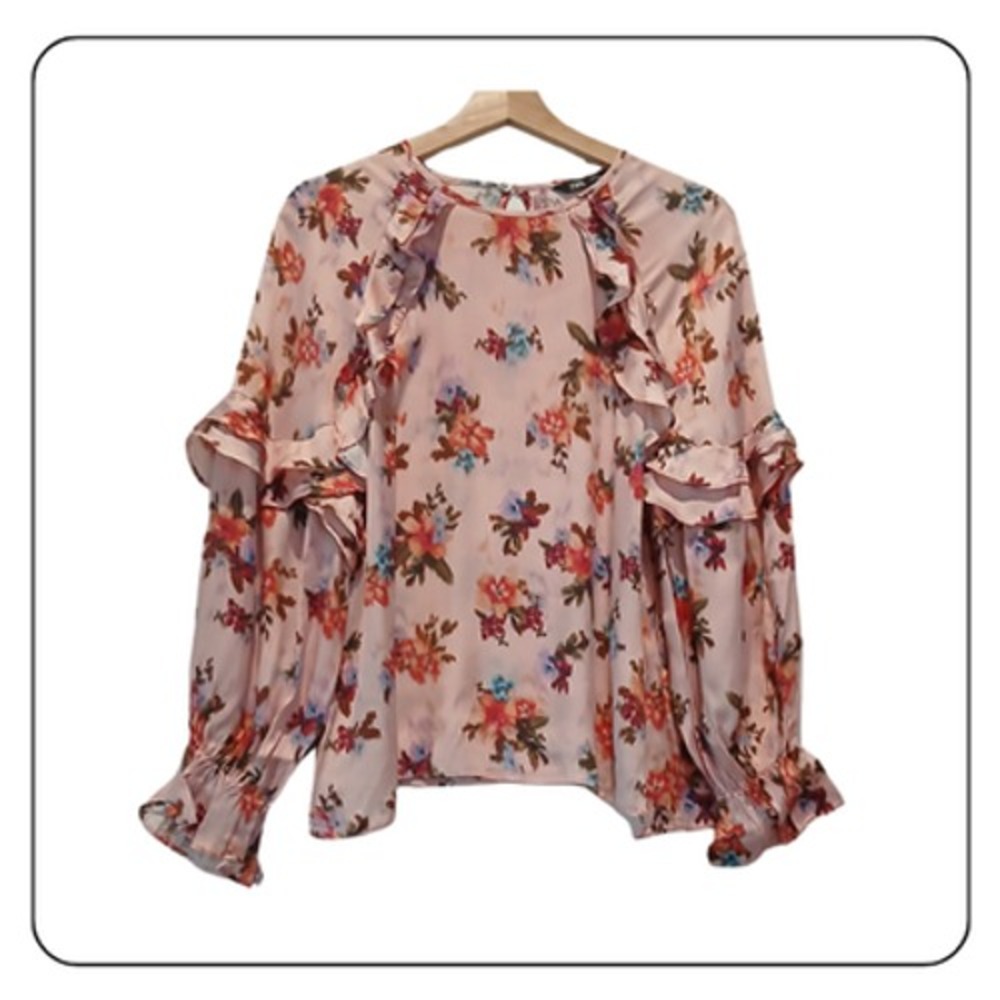 Zara Blouse Womens Large Pink Floral Ruffle Balloon Sleeve Boho Spring Top